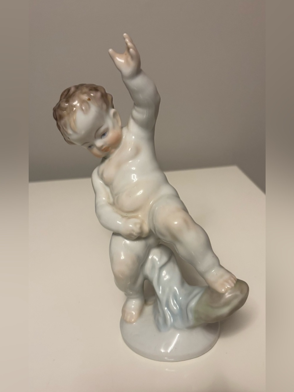 Vintage Herend Porcelain Peeing Boy Figurine in White and Beige